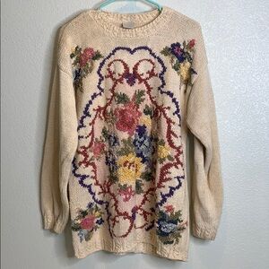 Vintage Cottagecore grandma floral quilt cross-stitch knit sweater